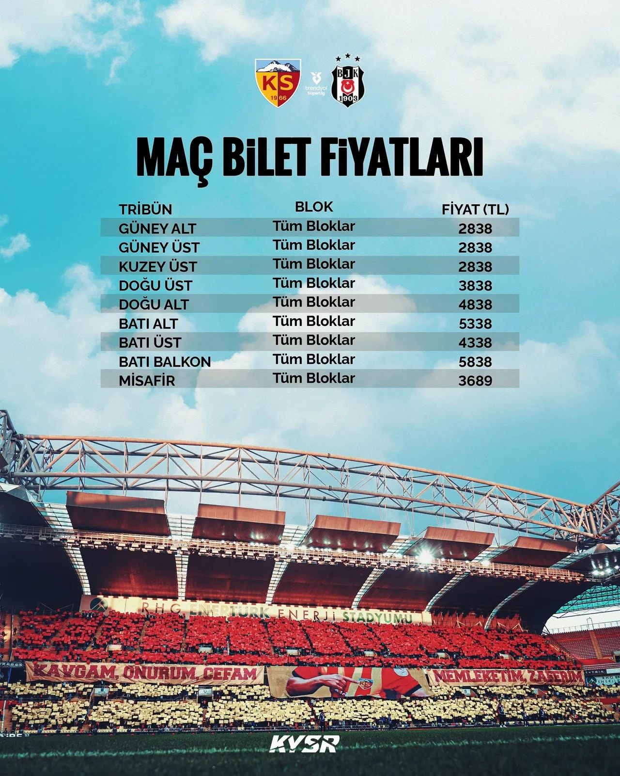 Kayserispor-Beşiktaş maçı bilet fiyatları açıklandı