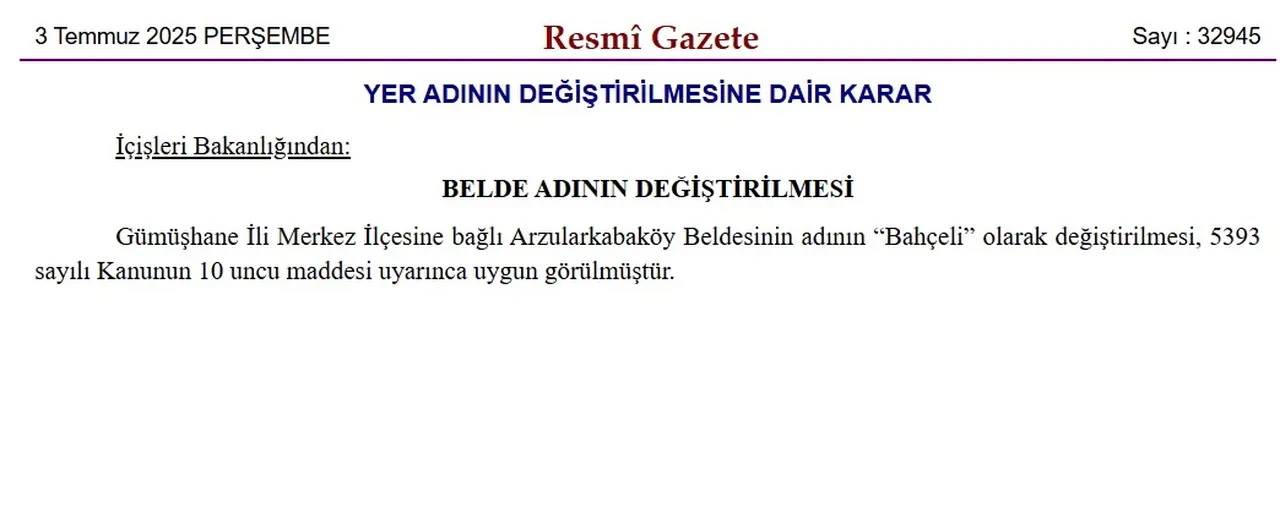 Resmi Gazete'de yayımlandı: O beldenin adı 'Bahçeli' olarak değiştirildi