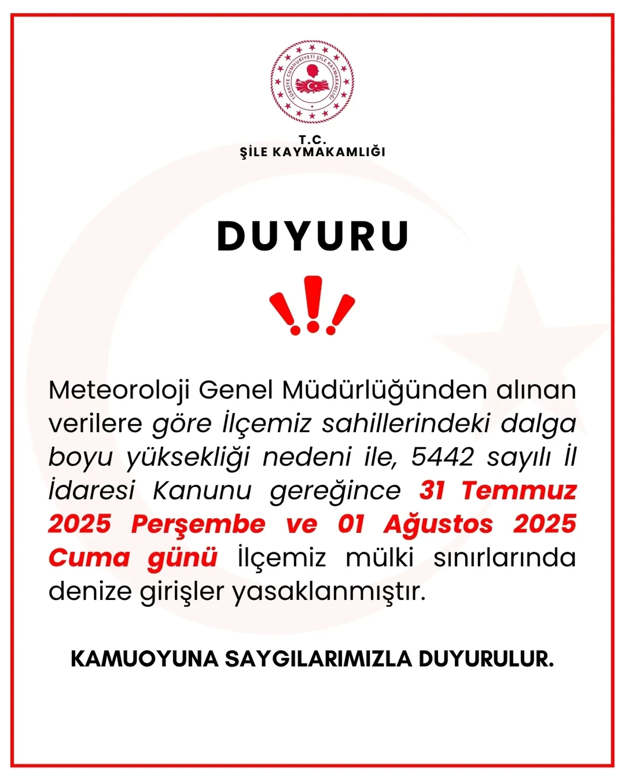 Şile’de denize girmek yasak mı? Kaymakamlıktan duyurusu geldi