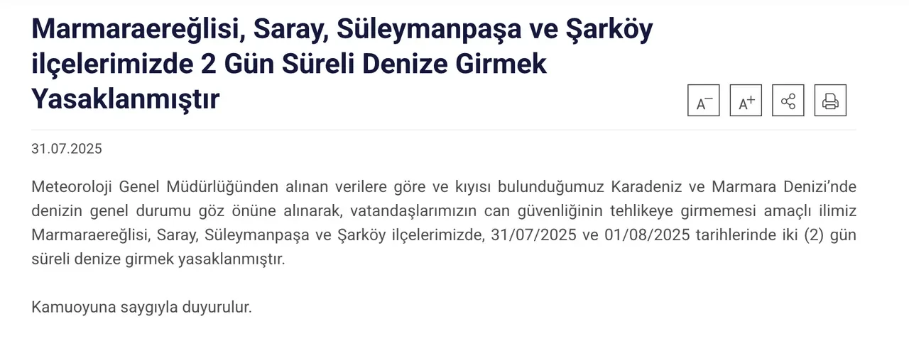 Tekirdağ’da denize girmek yasak mı? Valilik duyuru yaptı