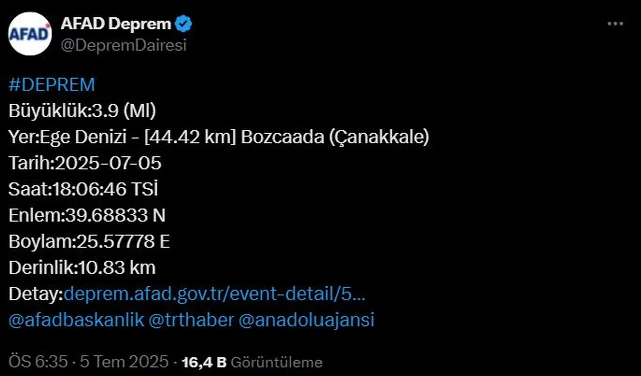 Çanakkale'de deprem! AFAD ve Kandilli duyurdu