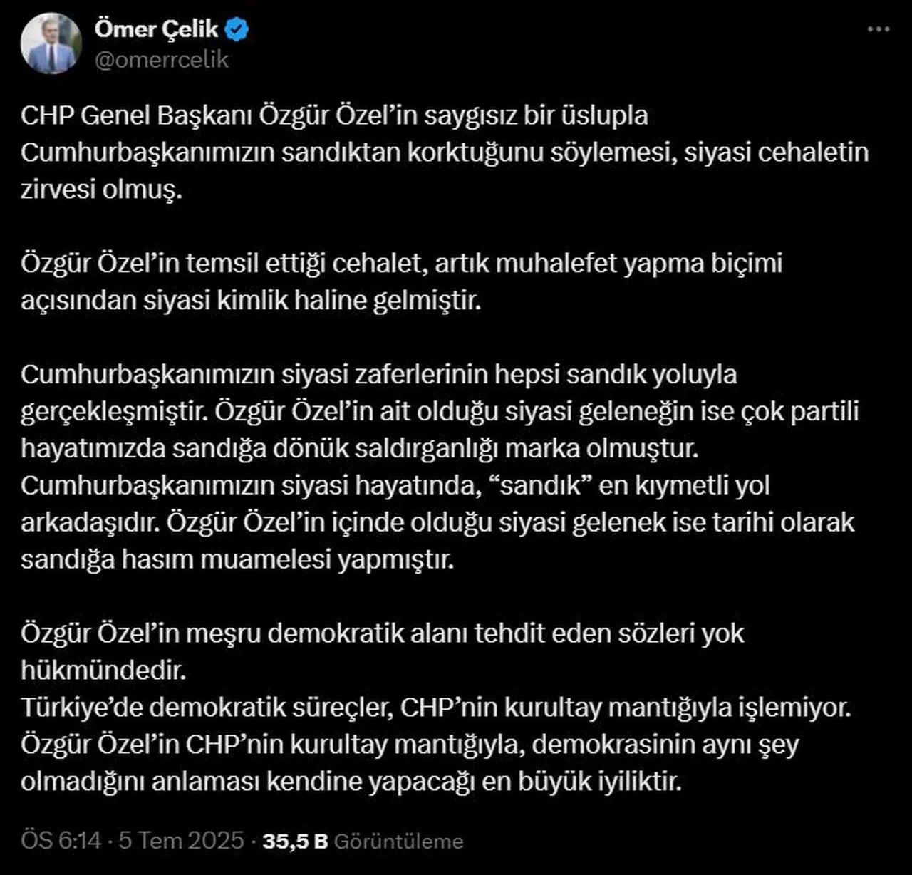 Özgür Özel'in 'sandık' sözlerine Ömer Çelik'ten cevap: Demokrasi CHP kurultayına benzemez 