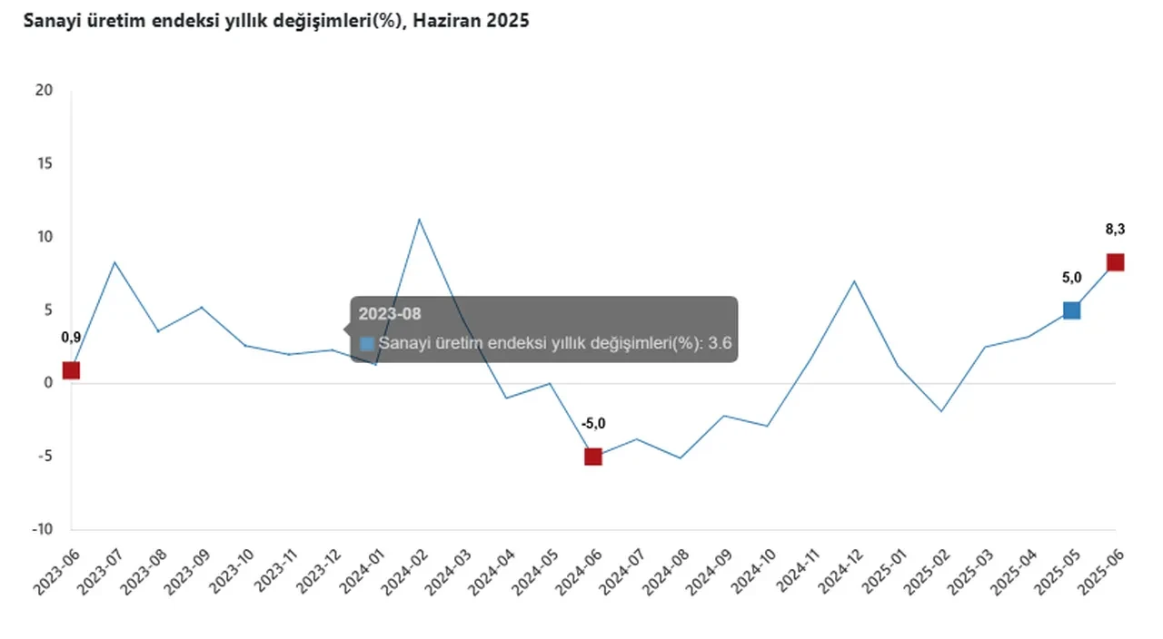 Sanayi üretim endeksi haziranda aylık bazda yüzde 0,7, yıllık bazda yüzde 8,3 arttı
