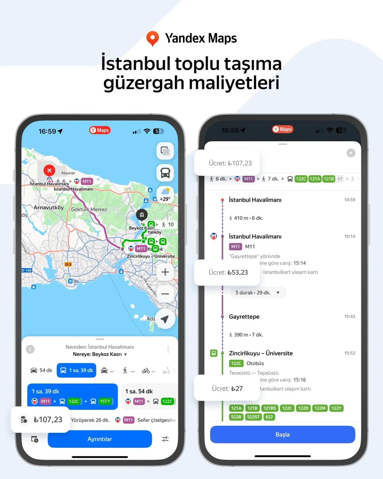 Yandex Maps ve Navigasyon, İstanbul'da toplu ulaşım ücretlerini gösteriyor