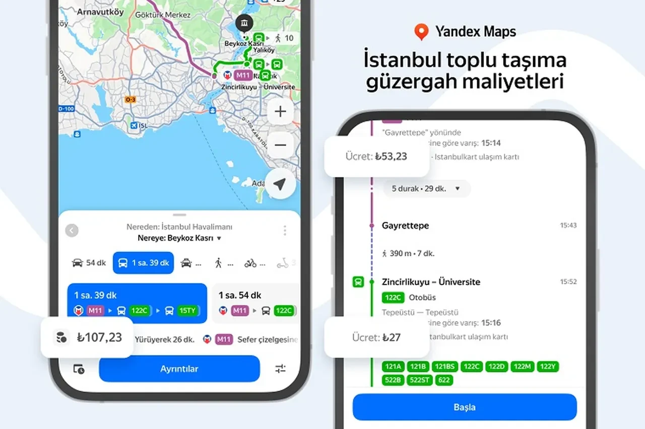 Yandex Maps ve Navigasyon, İstanbul'da toplu ulaşım ücretlerini gösteriyor