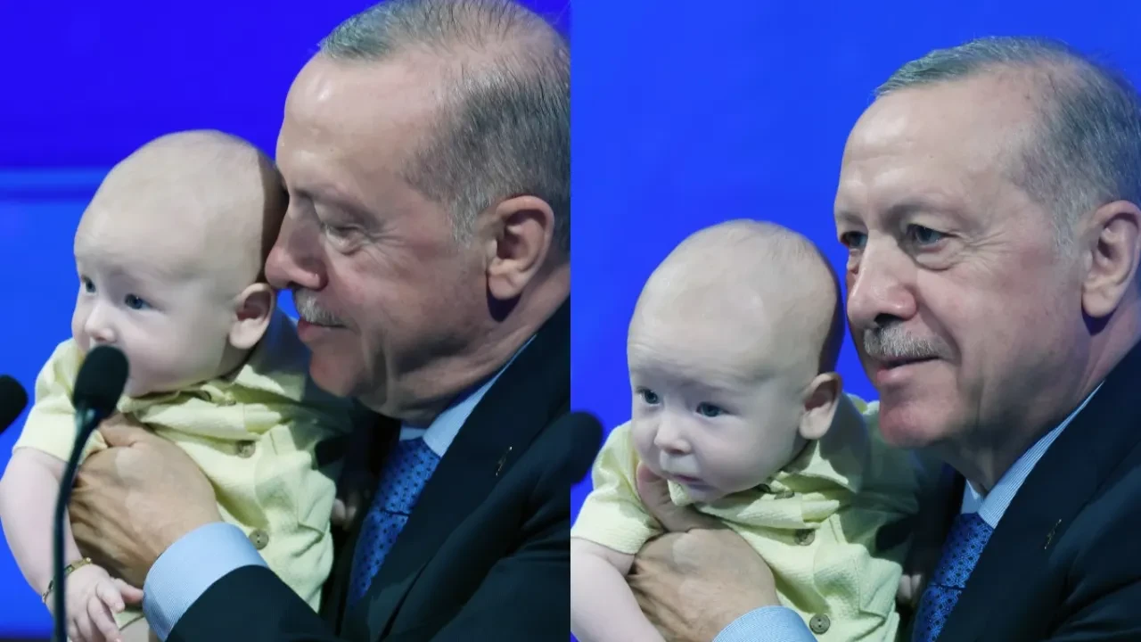 Cumhurbaşkanı Erdoğan minik bebeği sahnede kucakladı! Tebessüm ettiren anlar 