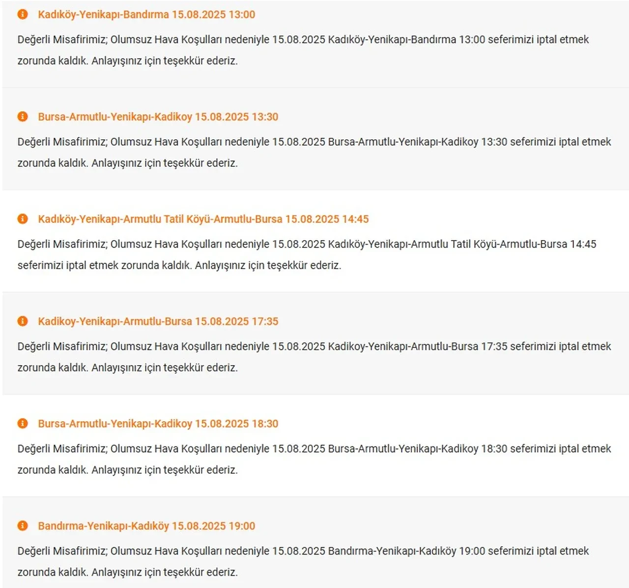 İDO seferleri iptal mi son dakika 15 Ağustos? İptal edilen İDO seferleri