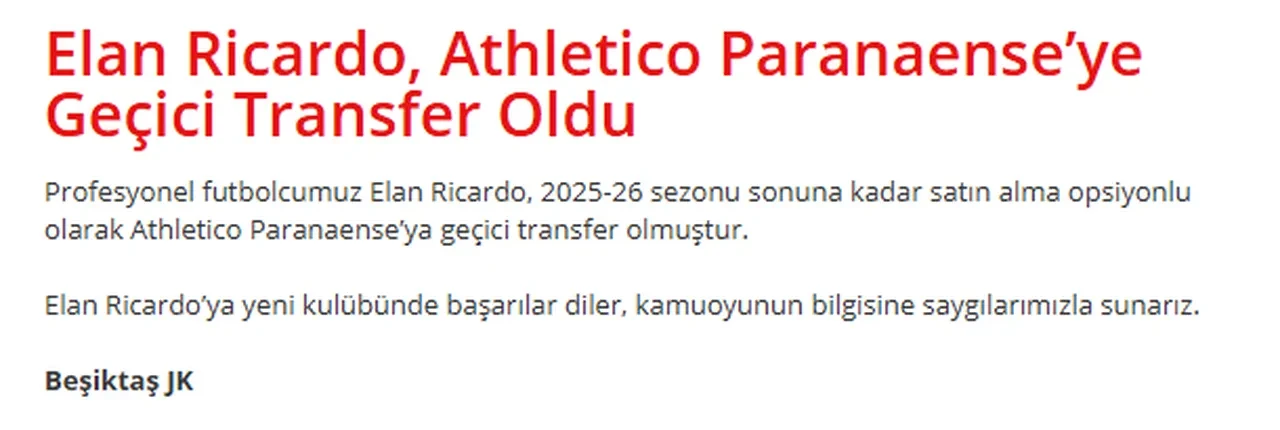 Beşiktaş ayrılığı açıkladı! Elan Ricardo Athletico Paranaense'de