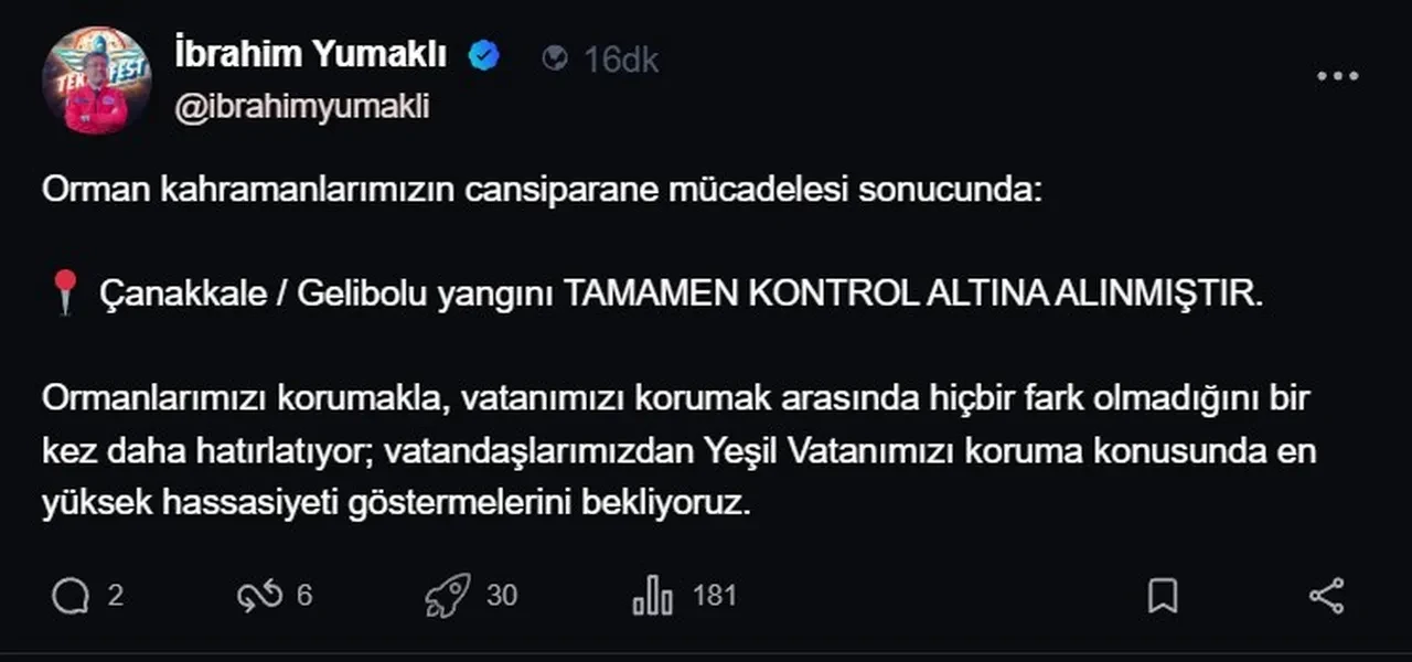 Çanakkale orman yangınında son durum! Bakan Yumaklı duyurdu