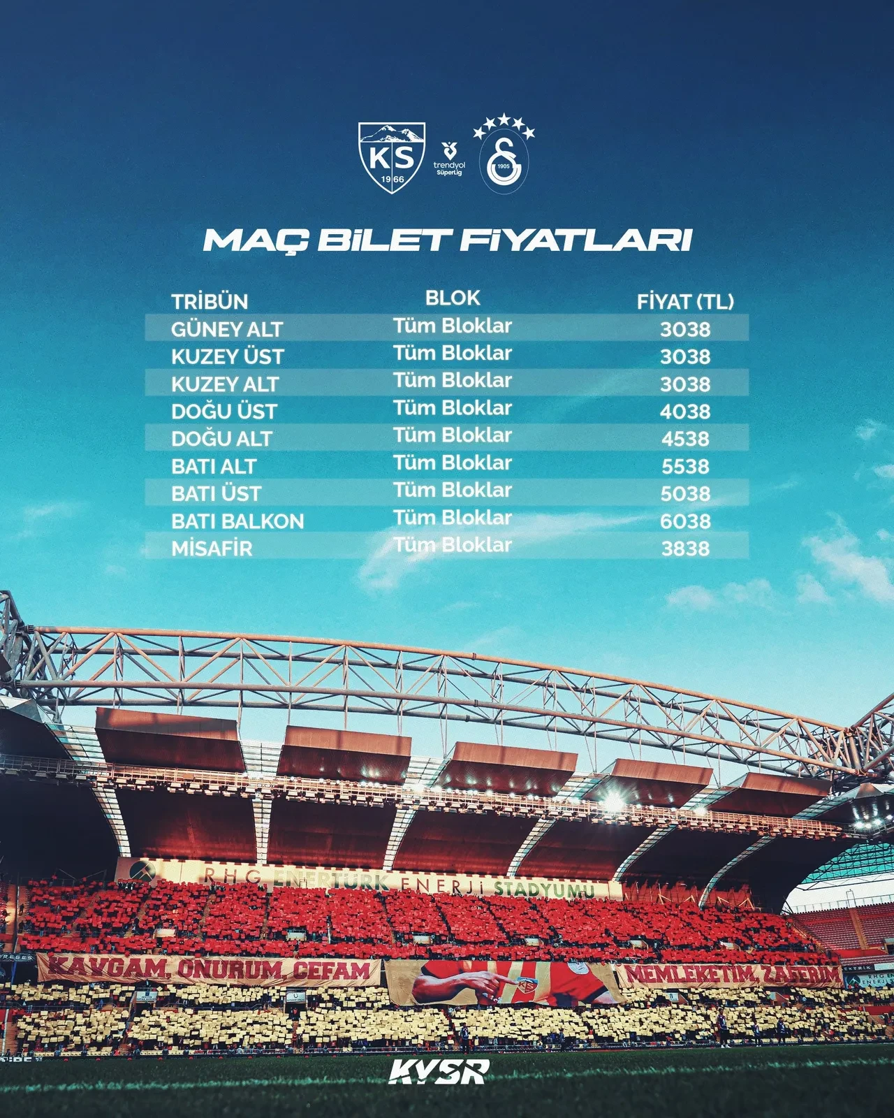 Kayserispor - Galatasaray maçı bilet fiyatları belli oldu!