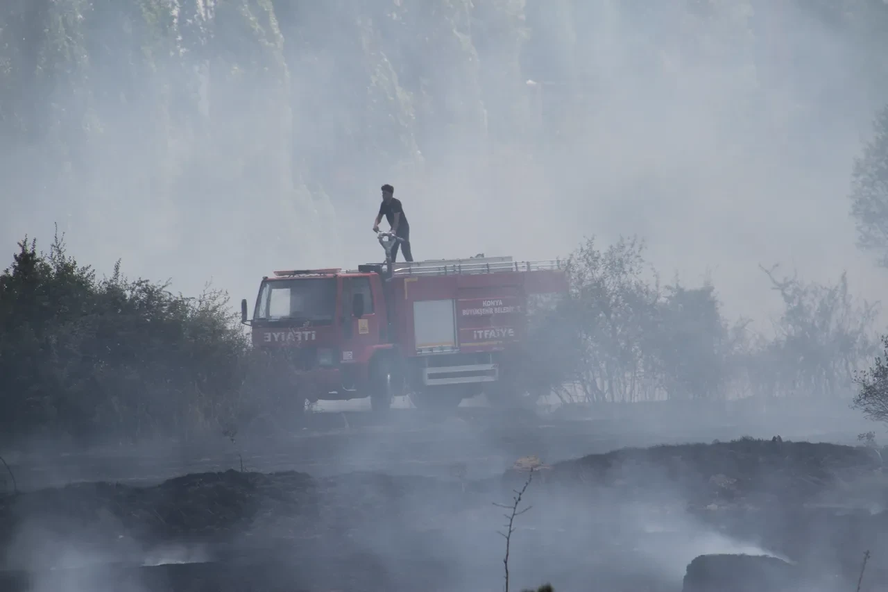 Konya'da yürekleri ağza getiren yangın! Rüzgarın etkisiyle ağaçlık alana sıçradı