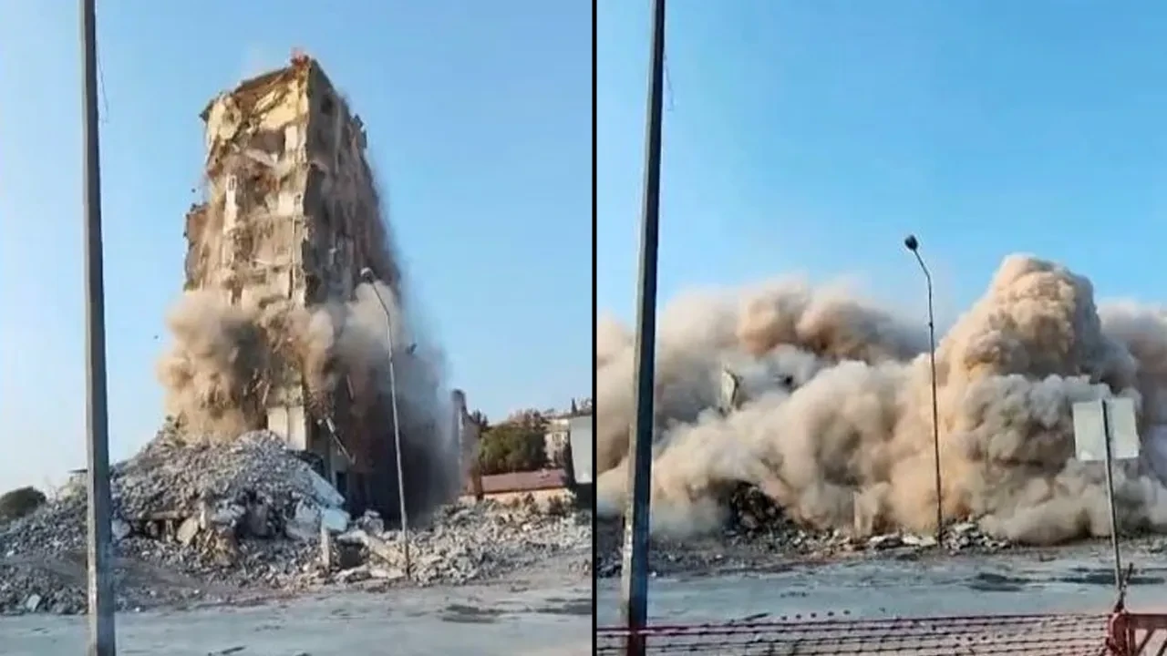 Ağır hasarlı bina tek dokunuşla yerle bir oldu