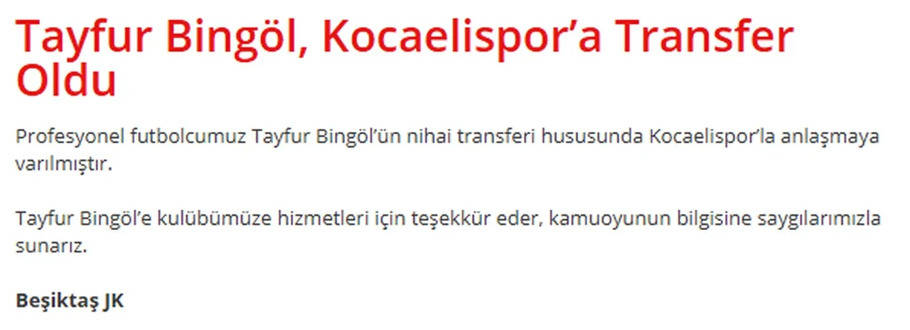 Beşiktaş duyurdu! İşte Tayfur Bingöl'ün yeni takımı