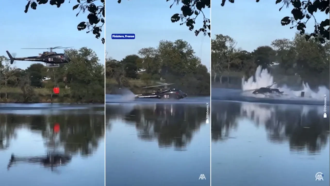 Orman yangınlarıyla mücadele sırasında helikopter gölete düştü