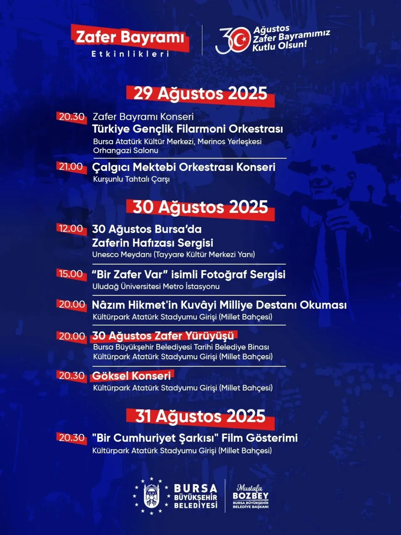 30 Ağustos Bursa konserleri ve etkinlik programı 2025! Zafer Bayramı'na özel konserler