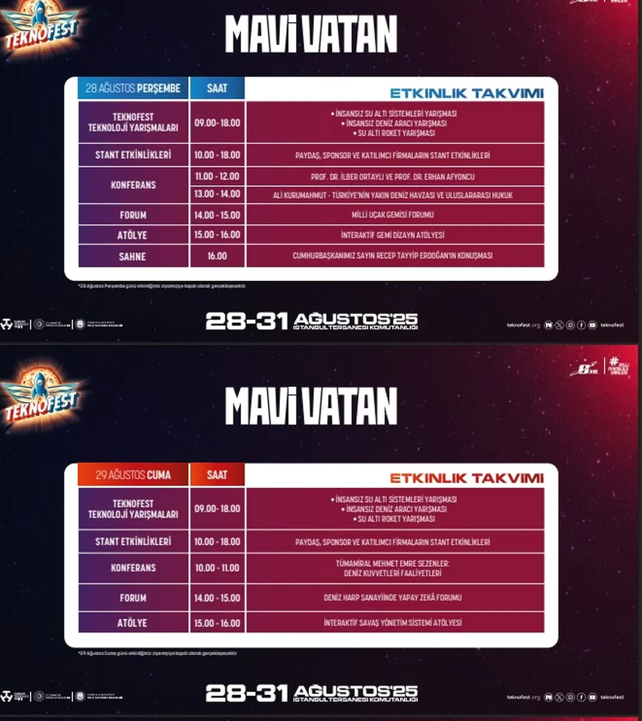 Teknofest Mavi Vatan etkinlik programı ve takvimi 2025! 28 - 31 Ağustos tarihleri arasında gerçekleşecek