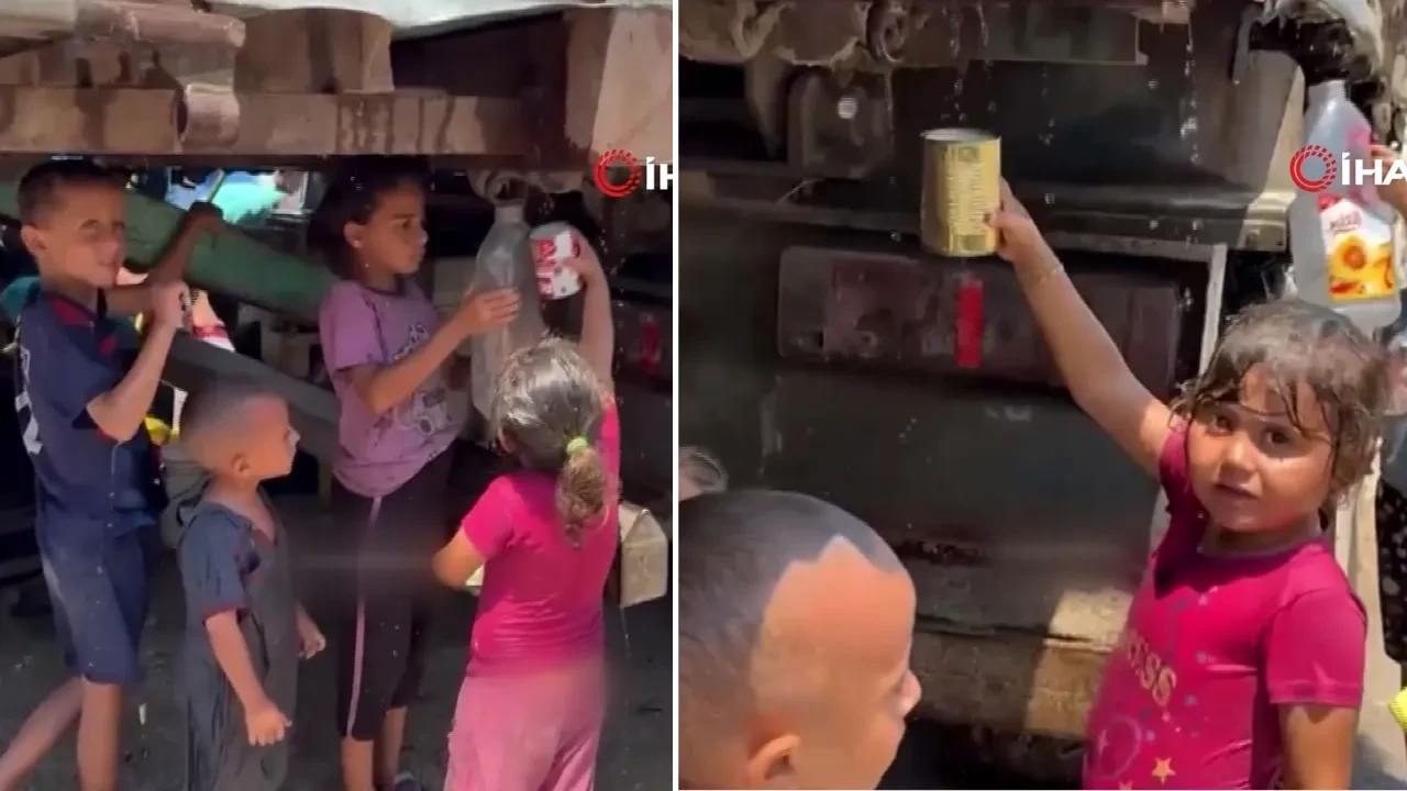 Gazze'de kahreden görüntü! Çocuklar kamyondan akan kirli suyu ellerindeki kaplara doldurdu