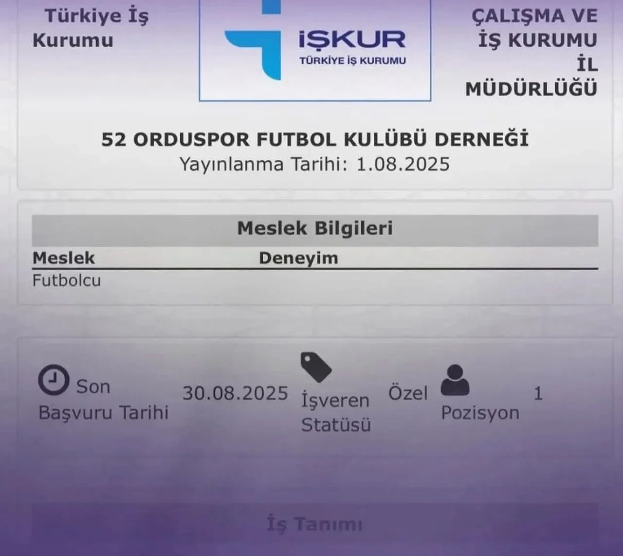 TFF 3.lig takımı 52 Orduspor'dan İŞKUR'a futbolcu ilanı! İşte işe alım şartları