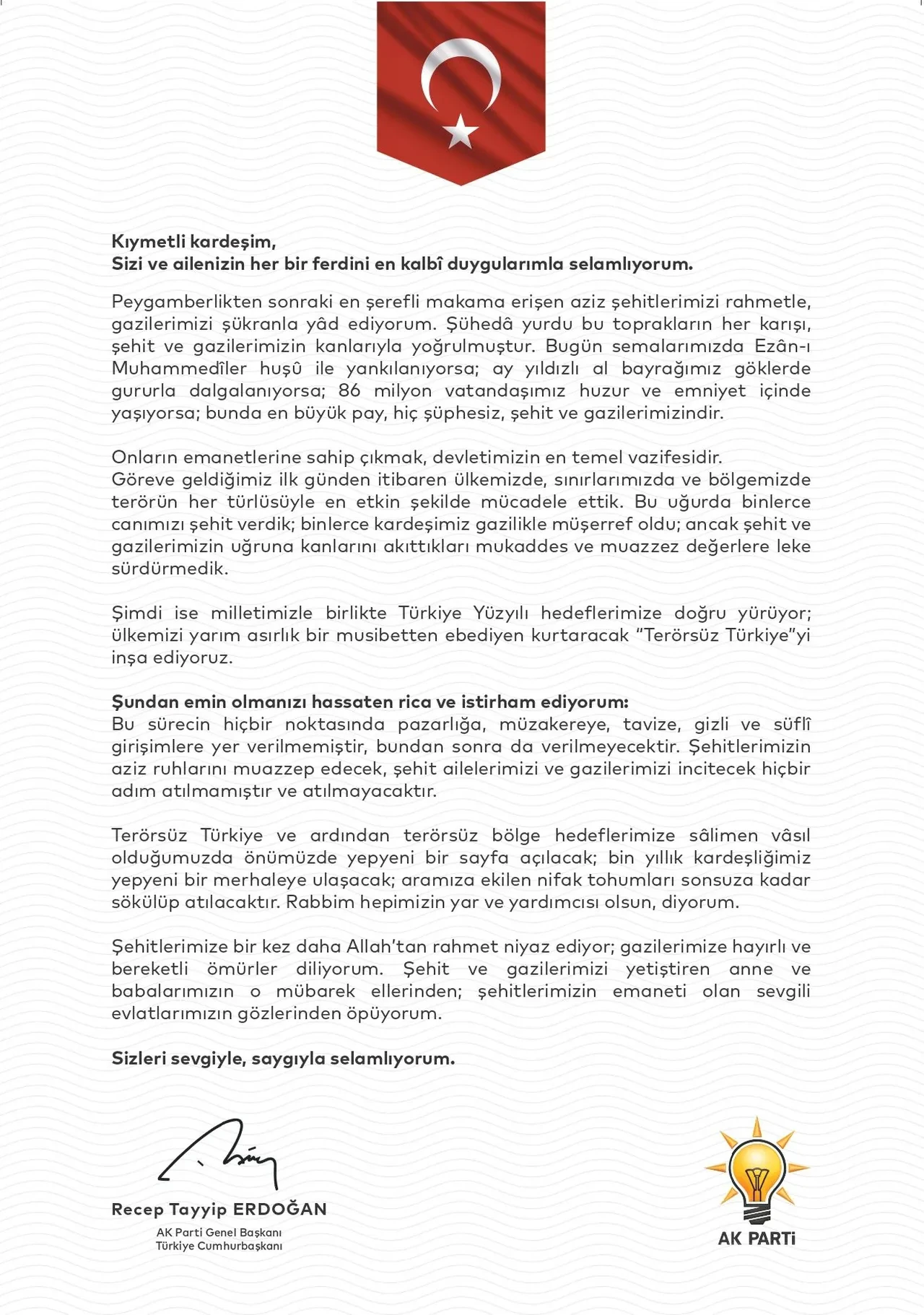 Cumhurbaşkanı Erdoğan'dan şehit ailelerine mektup! 'Emanetlerimize sahip çıkacağız'