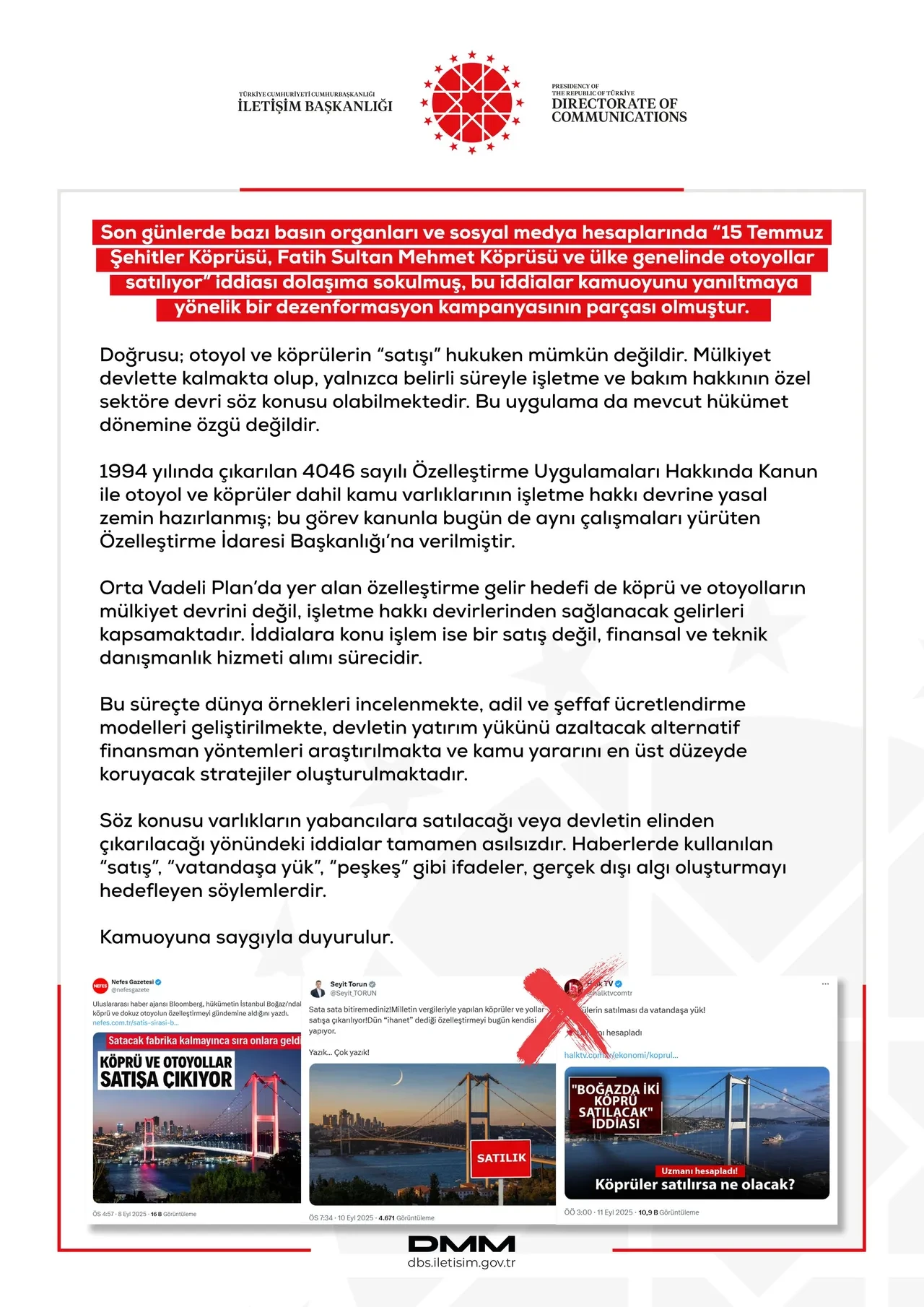 Köprüler satılıyor mu? 15 Temmuz Şehitler ve Fatih Sultan Mehmet Köprüsü hakkında DMM açıklama yaptı