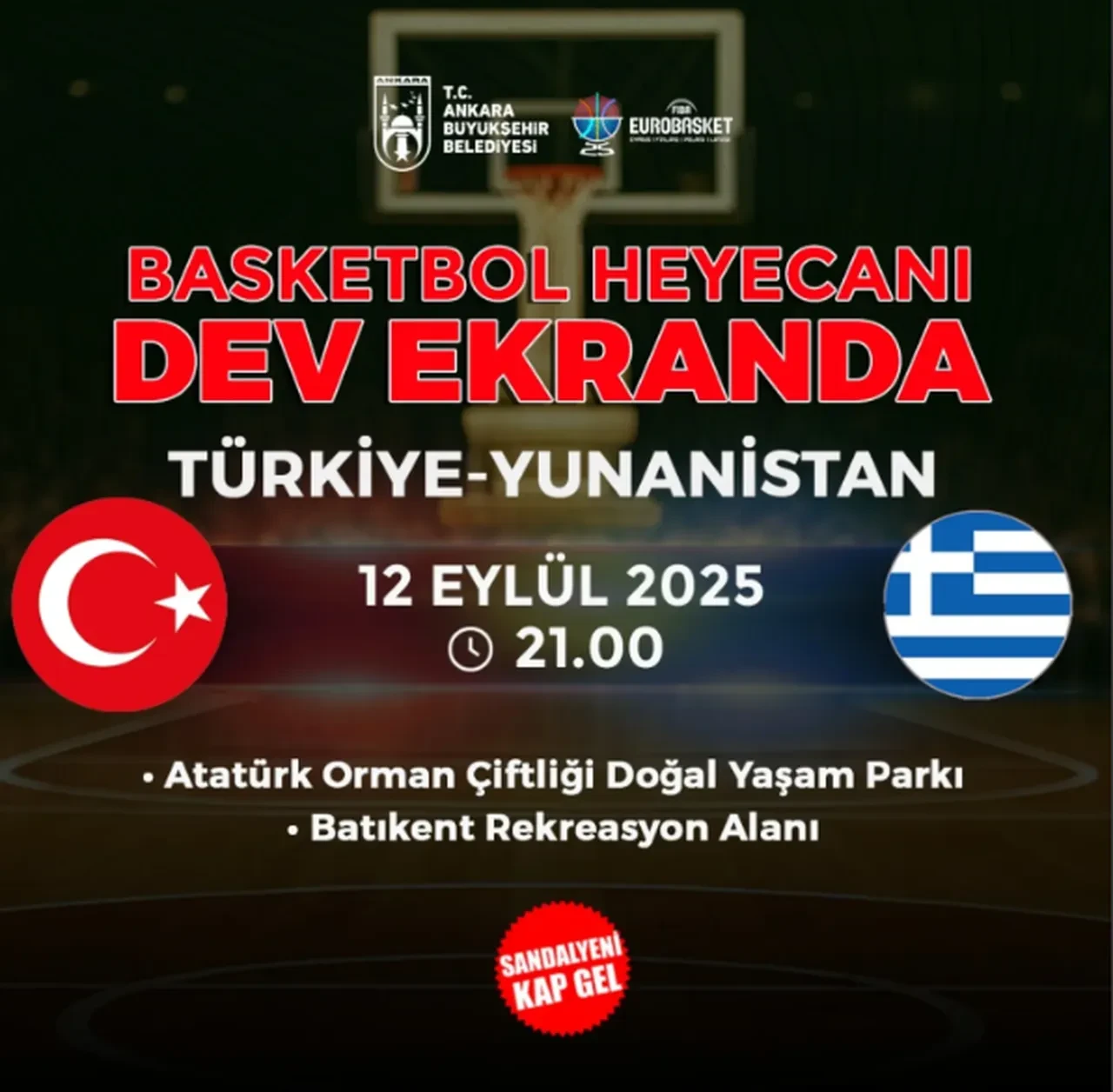 Türkiye Yunanistan basketbol maçı ücretsiz dev ekranda izlenecek yerler! İstanbul, Ankara, İzmir, Aydın, Kayseri'de milli maç dev ekranda