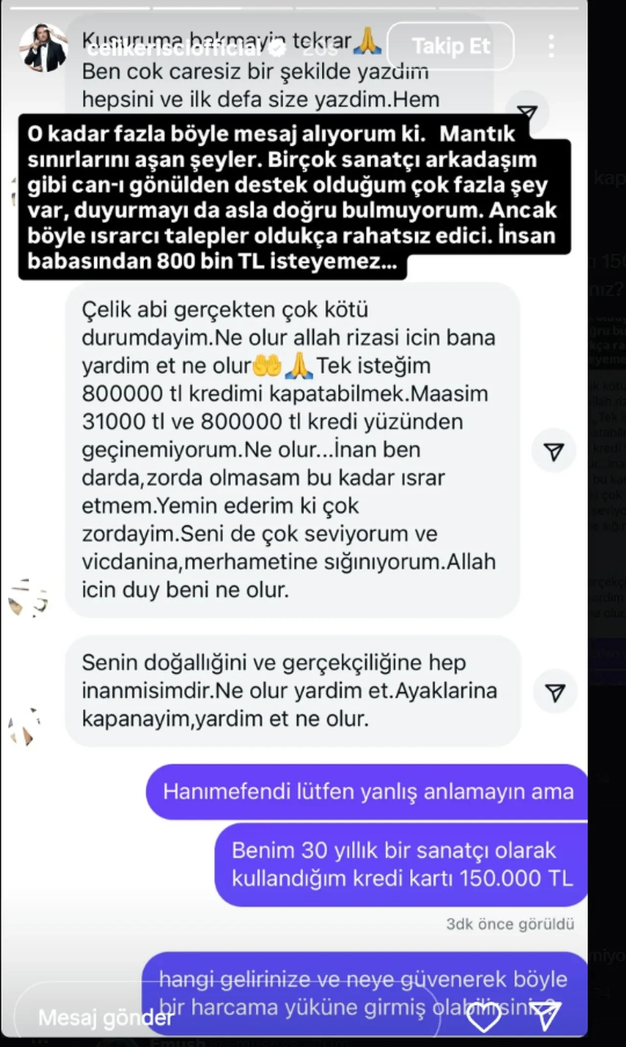Şarkıcı Çelik takipçisinin mesajı yayınladı, verdiği cevapla hayrete düşürdü 
