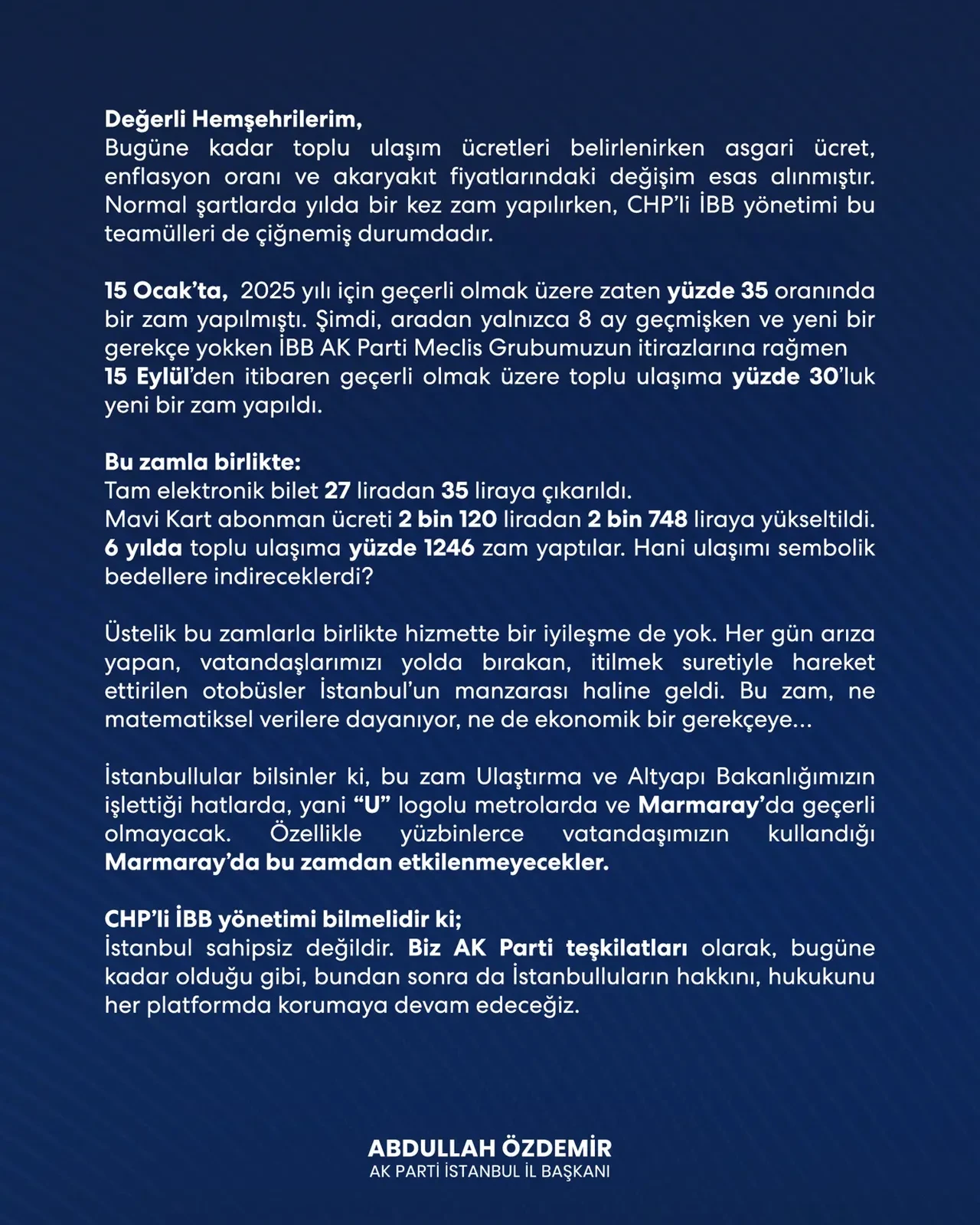 U ve Marmaray’da zam yok! Abdullah Özdemir’den kritik açıklama