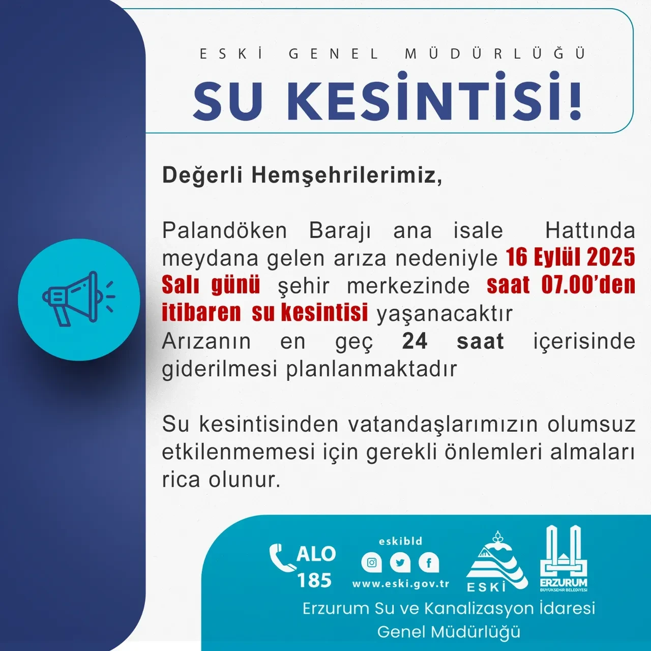 Erzurum su kesintisinin ne zaman biteceği paylaşıldı! 16 Eylül Erzurum’da su arızası