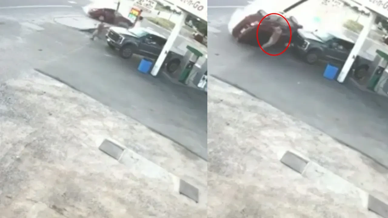 Hızla gelen araç benzin istasyonuna daldı! Yan yatan aracın altında kalmaktan şans eseri kurtuldu