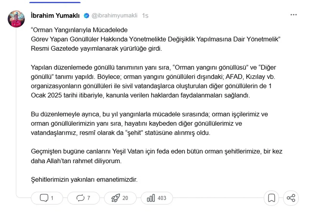 Orman gönüllülerine ilişkin yeni düzenleme! Hayatını kaybedenler şehit sayılacak
