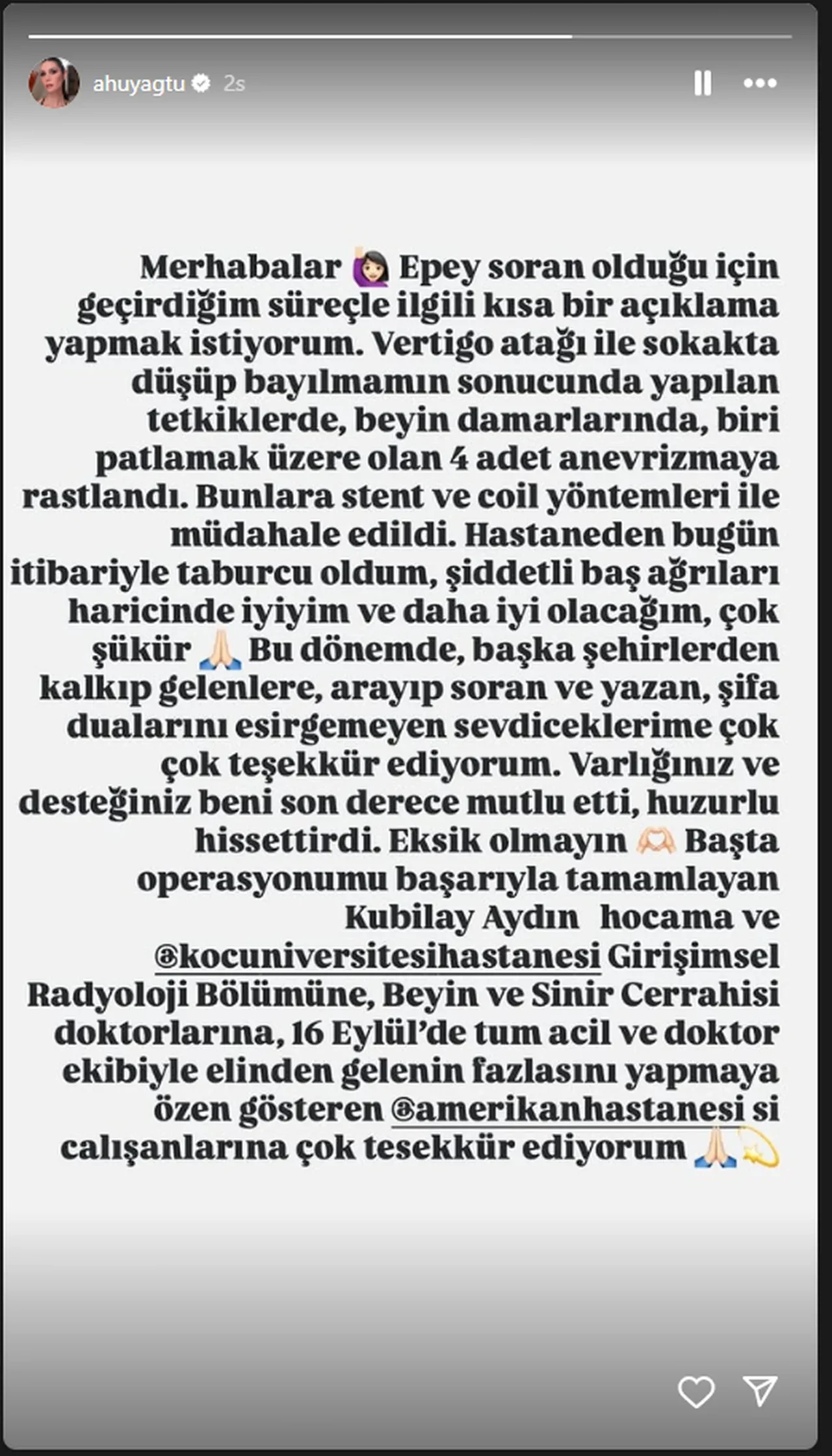 Beyin anevrizması geçiren Ahu Yağtu'nun son sağlık durumu ortaya çıktı 