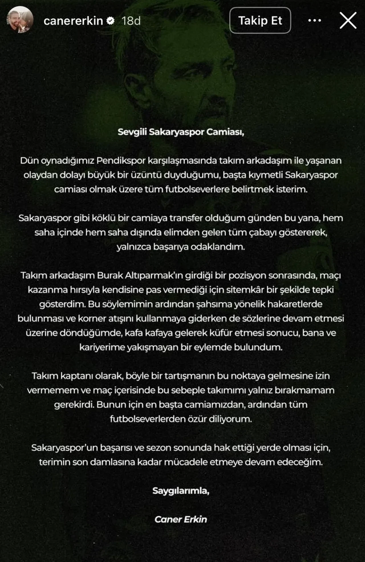 Sakaryaspor'da tokat polemiği! Kadro dışı kalan Caner Erkin'den açıklama geldi