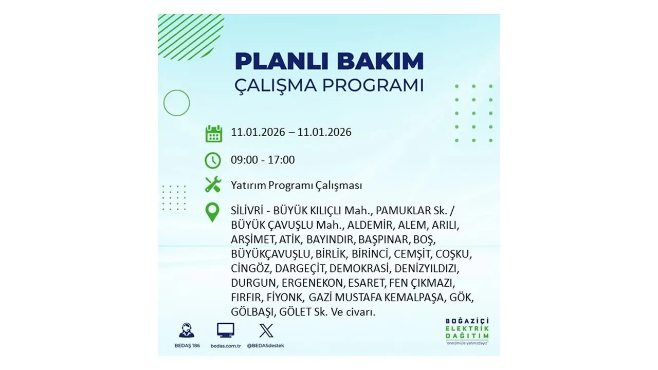 11 Ocak 2026 İstanbul planlı elektrik kesintileri >> Arnavutköy, Beyoğlu, Eyüpsultan, Sarıyer, Silivri, Şişli’de elektrikler ne zaman gelecek?
