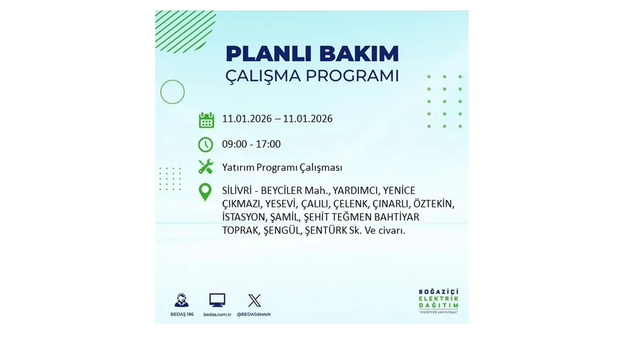 11 Ocak 2026 İstanbul planlı elektrik kesintileri >> Arnavutköy, Beyoğlu, Eyüpsultan, Sarıyer, Silivri, Şişli’de elektrikler ne zaman gelecek?