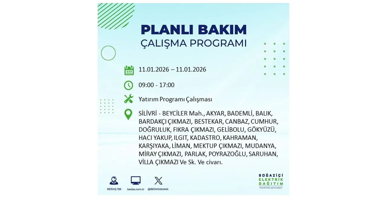 11 Ocak 2026 İstanbul planlı elektrik kesintileri >> Arnavutköy, Beyoğlu, Eyüpsultan, Sarıyer, Silivri, Şişli’de elektrikler ne zaman gelecek?