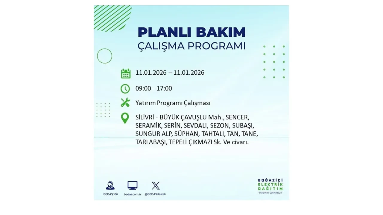 11 Ocak 2026 İstanbul planlı elektrik kesintileri >> Arnavutköy, Beyoğlu, Eyüpsultan, Sarıyer, Silivri, Şişli’de elektrikler ne zaman gelecek?