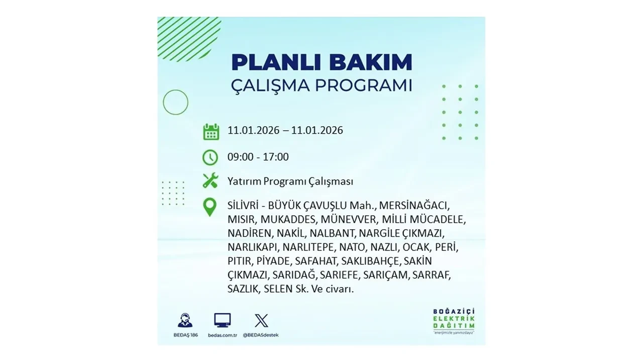 11 Ocak 2026 İstanbul planlı elektrik kesintileri >> Arnavutköy, Beyoğlu, Eyüpsultan, Sarıyer, Silivri, Şişli’de elektrikler ne zaman gelecek?