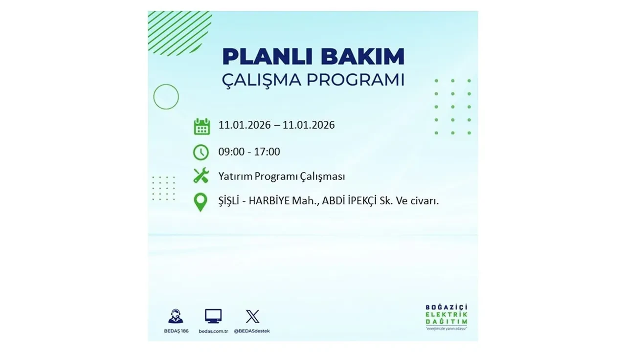 11 Ocak 2026 İstanbul planlı elektrik kesintileri >> Arnavutköy, Beyoğlu, Eyüpsultan, Sarıyer, Silivri, Şişli’de elektrikler ne zaman gelecek?