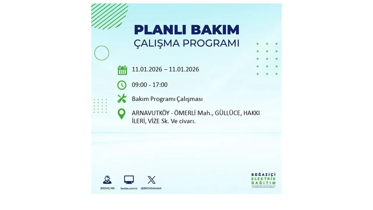11 Ocak 2026 İstanbul planlı elektrik kesintileri >> Arnavutköy, Beyoğlu, Eyüpsultan, Sarıyer, Silivri, Şişli’de elektrikler ne zaman gelecek?