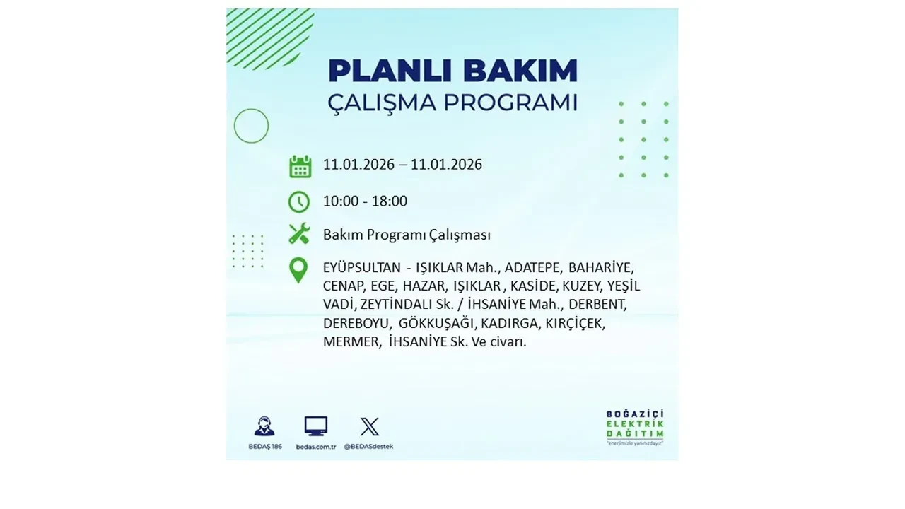 11 Ocak 2026 İstanbul planlı elektrik kesintileri >> Arnavutköy, Beyoğlu, Eyüpsultan, Sarıyer, Silivri, Şişli’de elektrikler ne zaman gelecek?