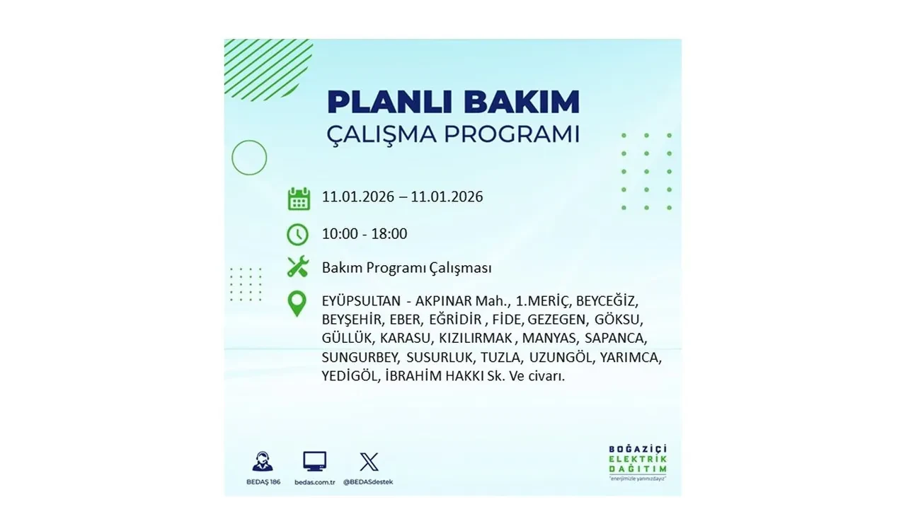 11 Ocak 2026 İstanbul planlı elektrik kesintileri >> Arnavutköy, Beyoğlu, Eyüpsultan, Sarıyer, Silivri, Şişli’de elektrikler ne zaman gelecek?