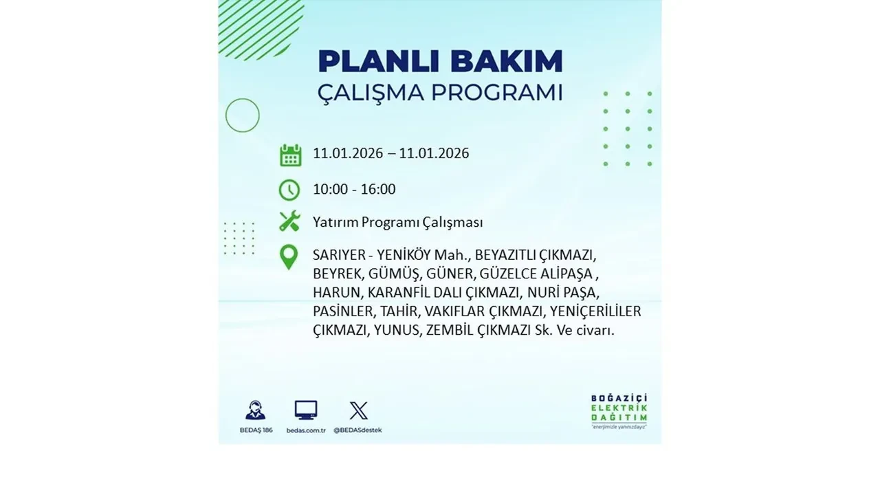 11 Ocak 2026 İstanbul planlı elektrik kesintileri >> Arnavutköy, Beyoğlu, Eyüpsultan, Sarıyer, Silivri, Şişli’de elektrikler ne zaman gelecek?
