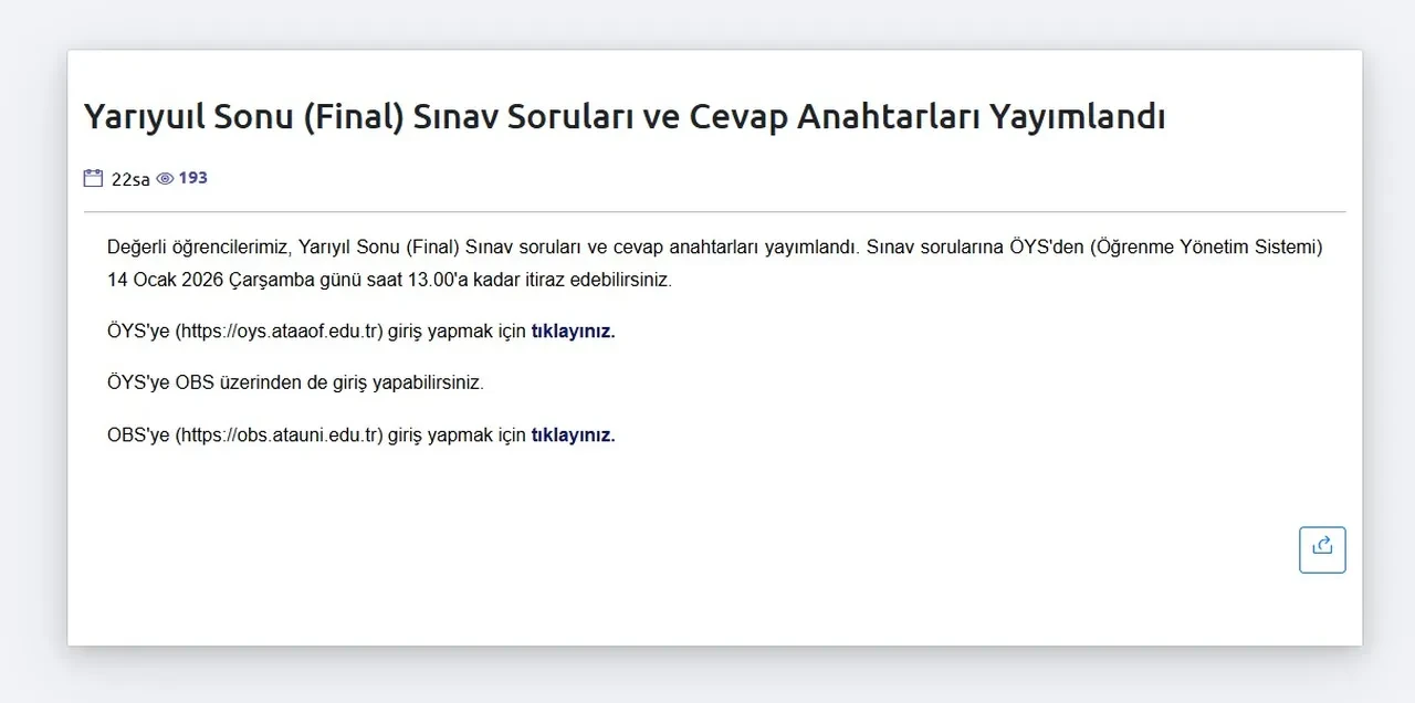 ATA AÖF soruları ve cevap anahtarı kitapçığı 2026: ATA AÖF final sınavı soru ve cevapları açıklandı mı?