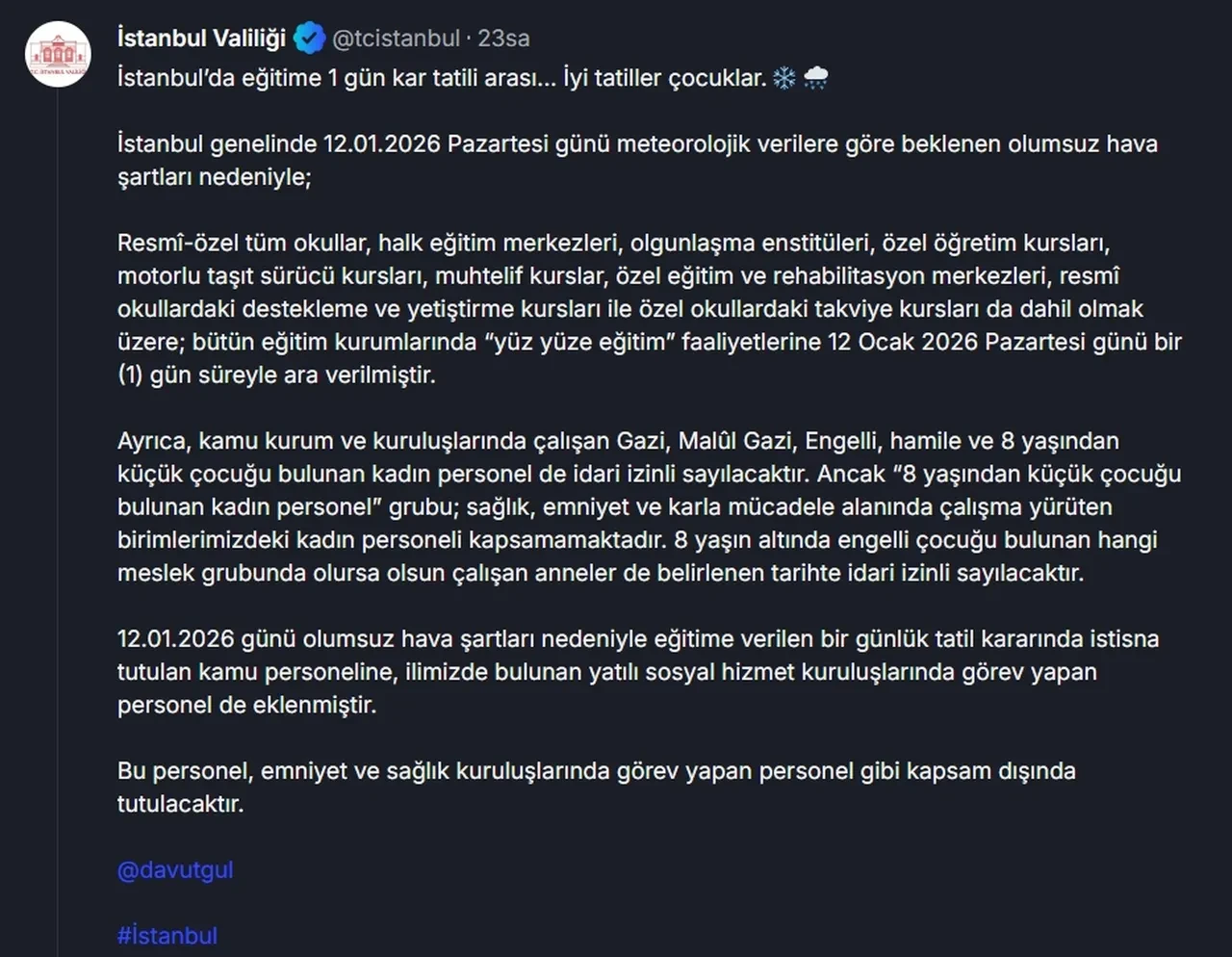 İstanbul okullar tatil mi? 13 Ocak Salı İstanbul Valiliği kar tatili açıklaması bekleniyor