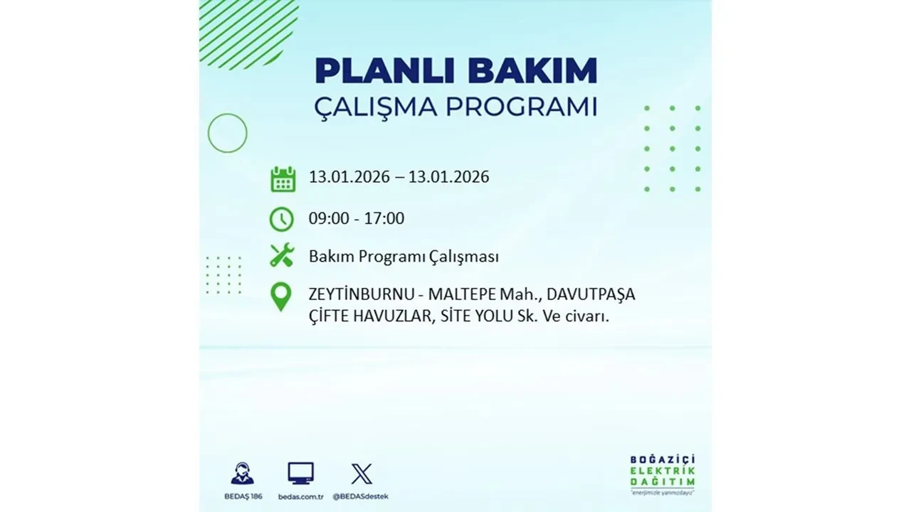 İstanbul planlı elektrik kesintisi açıklaması! 13 Ocak’ta 12 ilçede çalışma nedeniyle elektrikler kesilecek