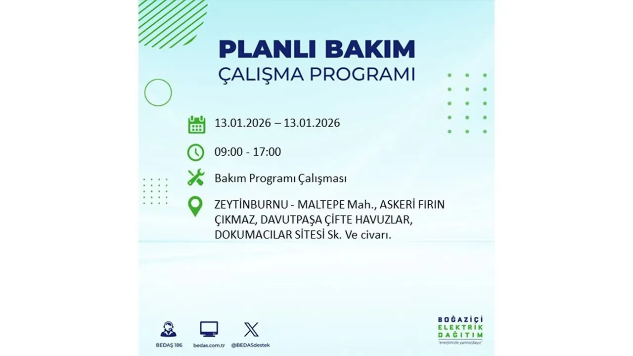 İstanbul planlı elektrik kesintisi açıklaması! 13 Ocak’ta 12 ilçede çalışma nedeniyle elektrikler kesilecek