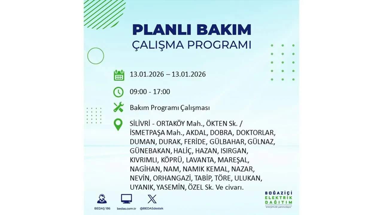 İstanbul planlı elektrik kesintisi açıklaması! 13 Ocak’ta 12 ilçede çalışma nedeniyle elektrikler kesilecek
