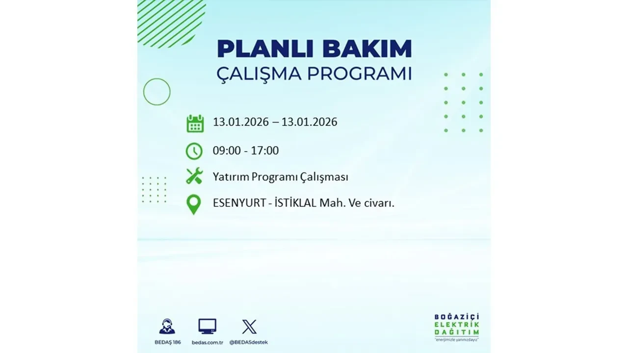 İstanbul planlı elektrik kesintisi açıklaması! 13 Ocak’ta 12 ilçede çalışma nedeniyle elektrikler kesilecek