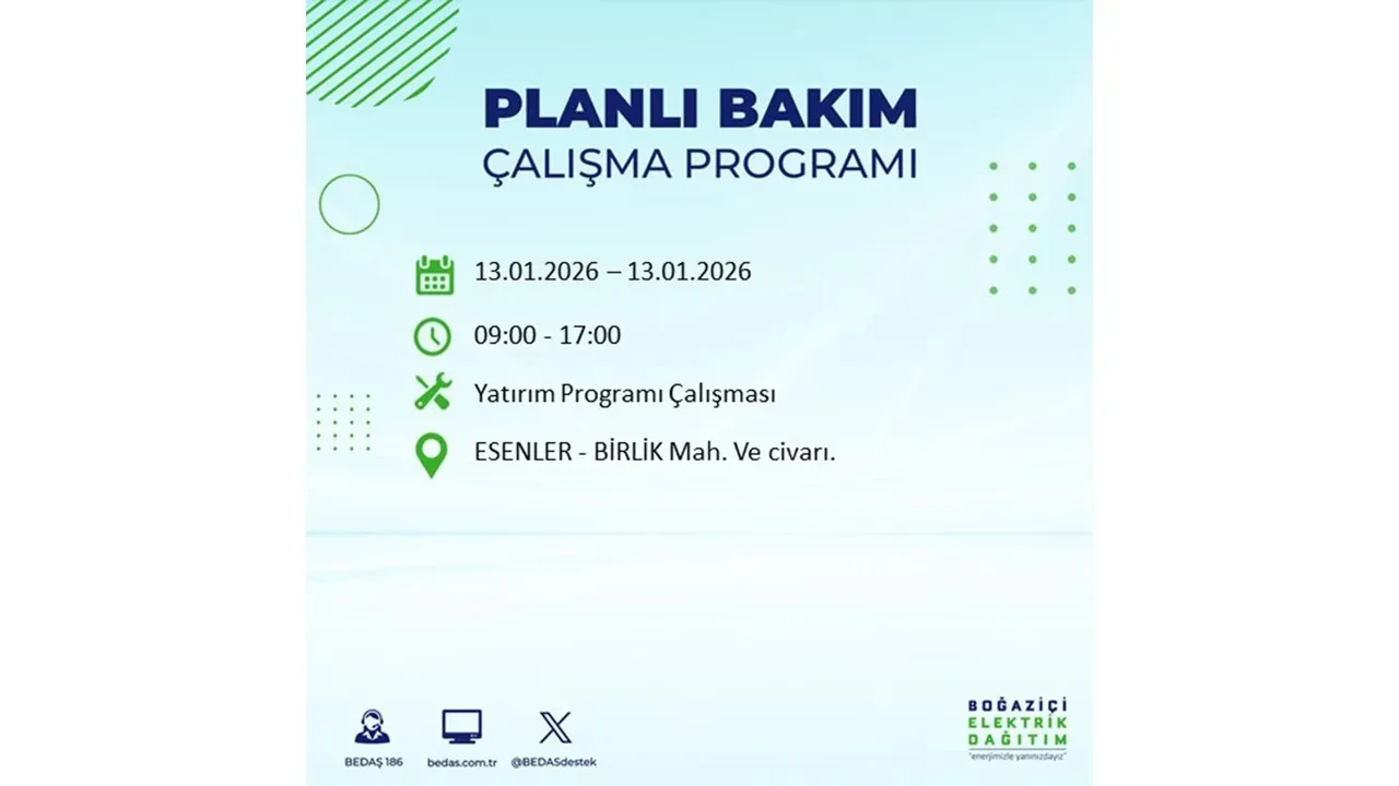 İstanbul planlı elektrik kesintisi açıklaması! 13 Ocak’ta 12 ilçede çalışma nedeniyle elektrikler kesilecek