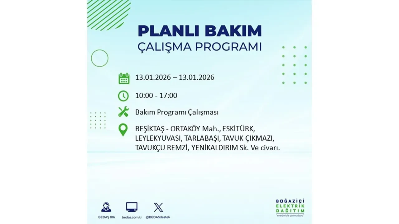 İstanbul planlı elektrik kesintisi açıklaması! 13 Ocak’ta 12 ilçede çalışma nedeniyle elektrikler kesilecek